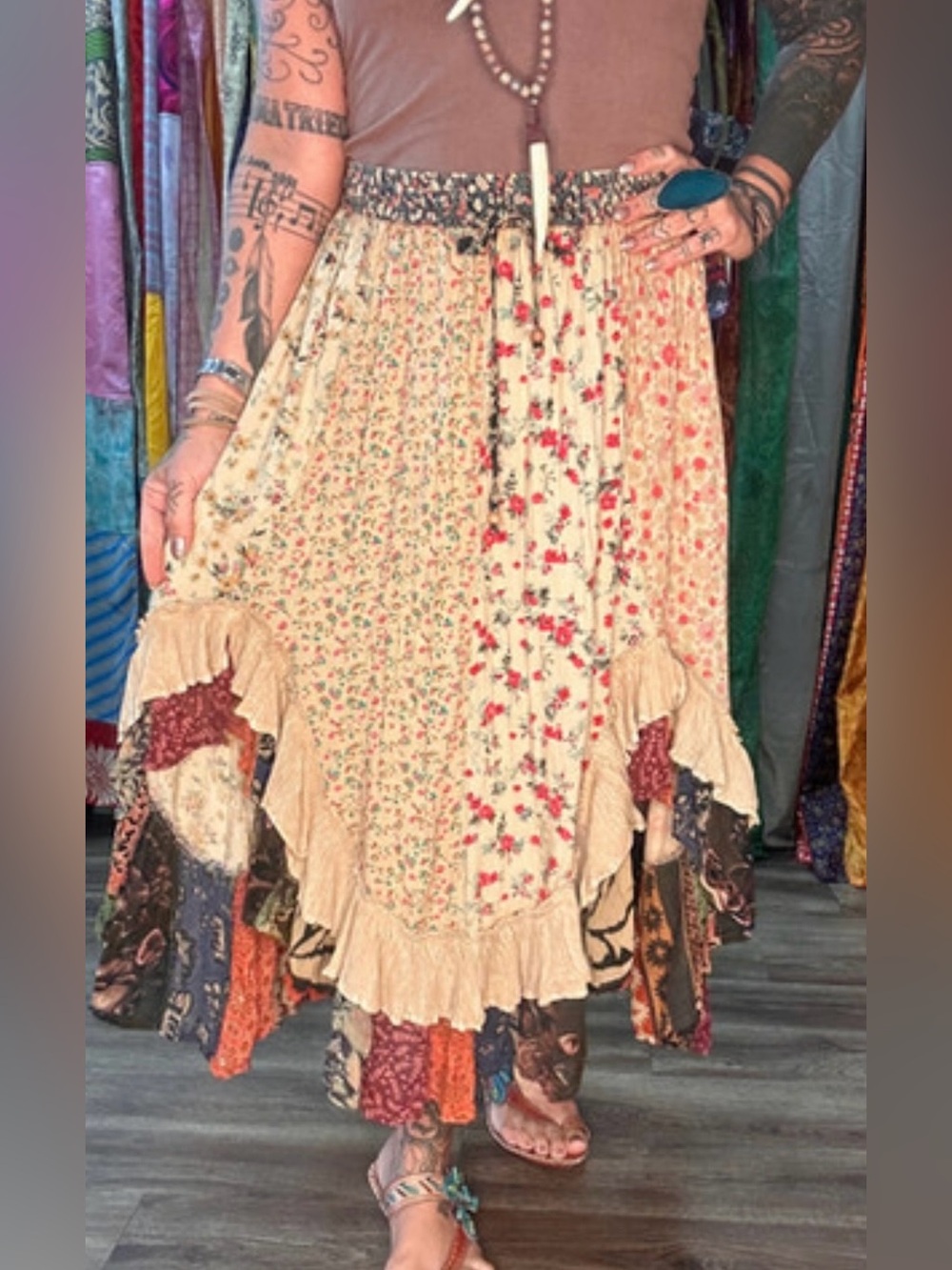 Young Threads Boho Floral Patchwork Latte Maxi “Saloon” Skirt